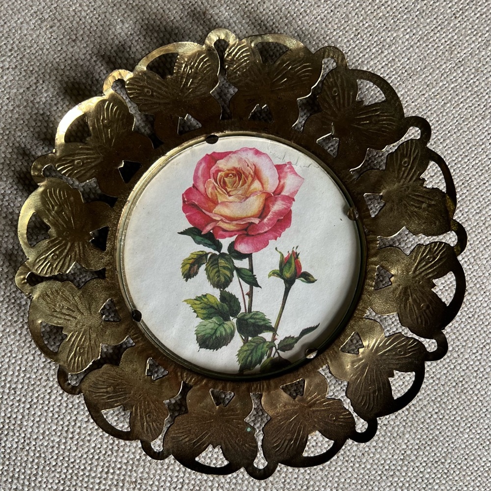 Vintage 1960s Butterfly Frame w/ Rose Print, Brass Tin, Made in England